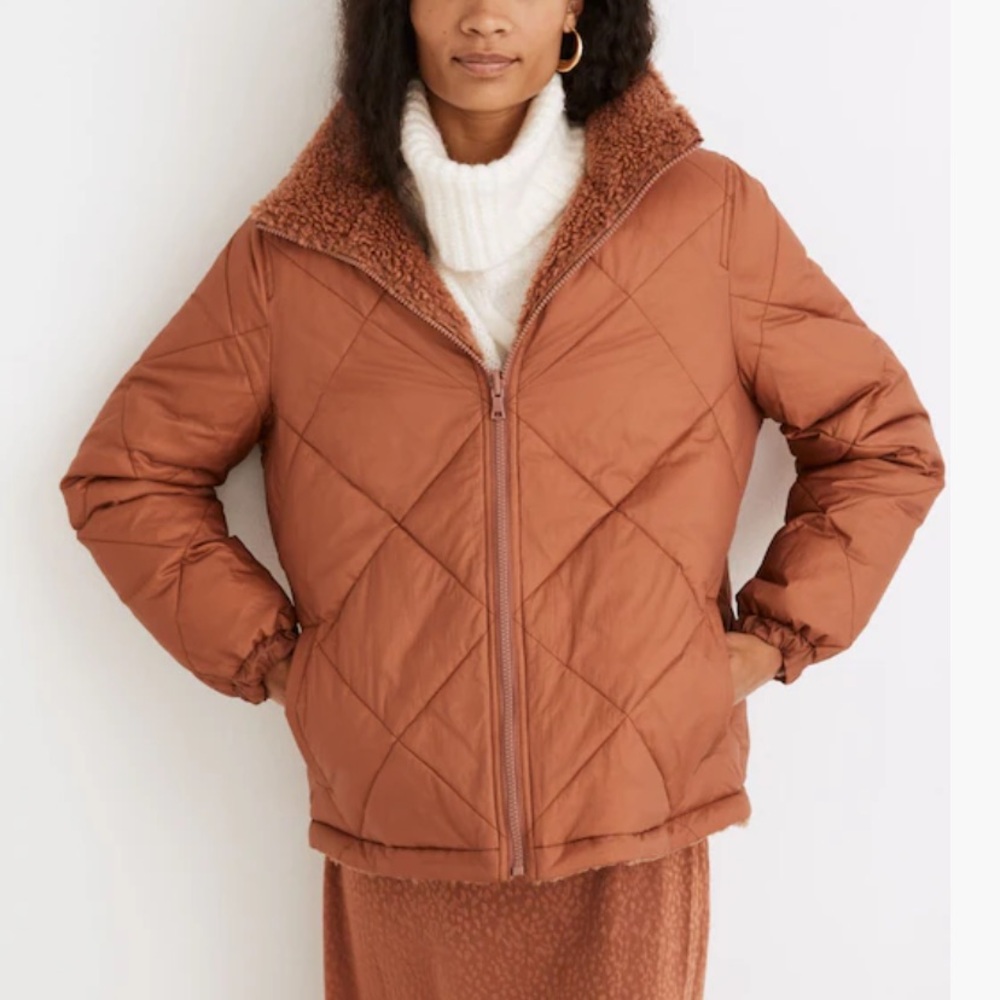 Madewell Reversible Sherpa Puffer Jacket Rust Orange M